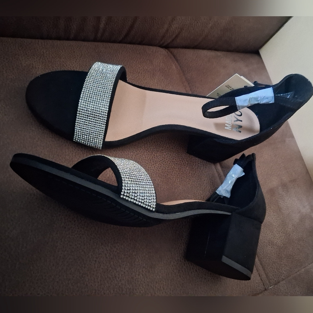 Women’s Black Block Heel Sandals with Rhinestone Strap
